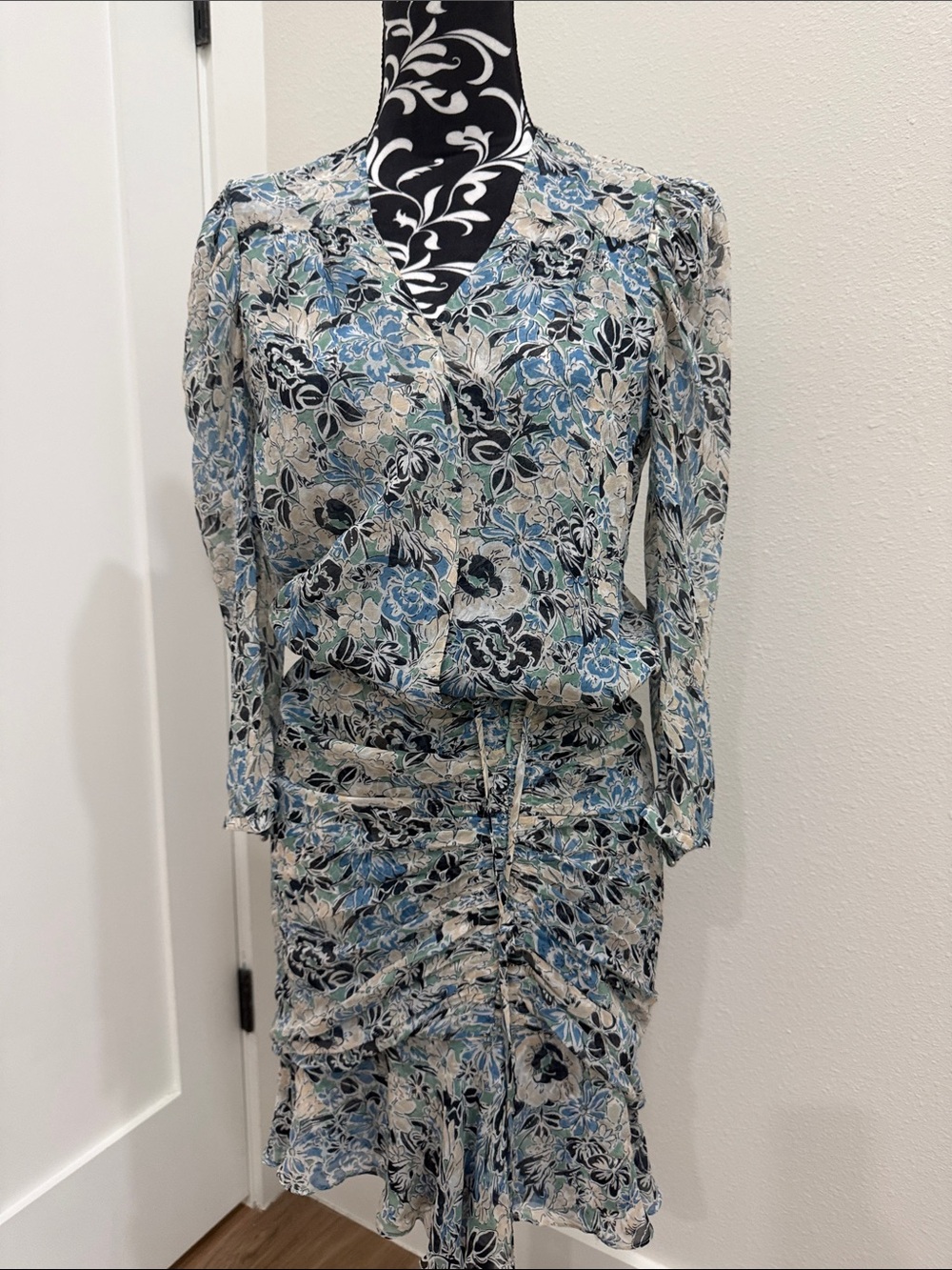 Veronica Beard Blue Cream and Black Floral Ruched Skirt Set